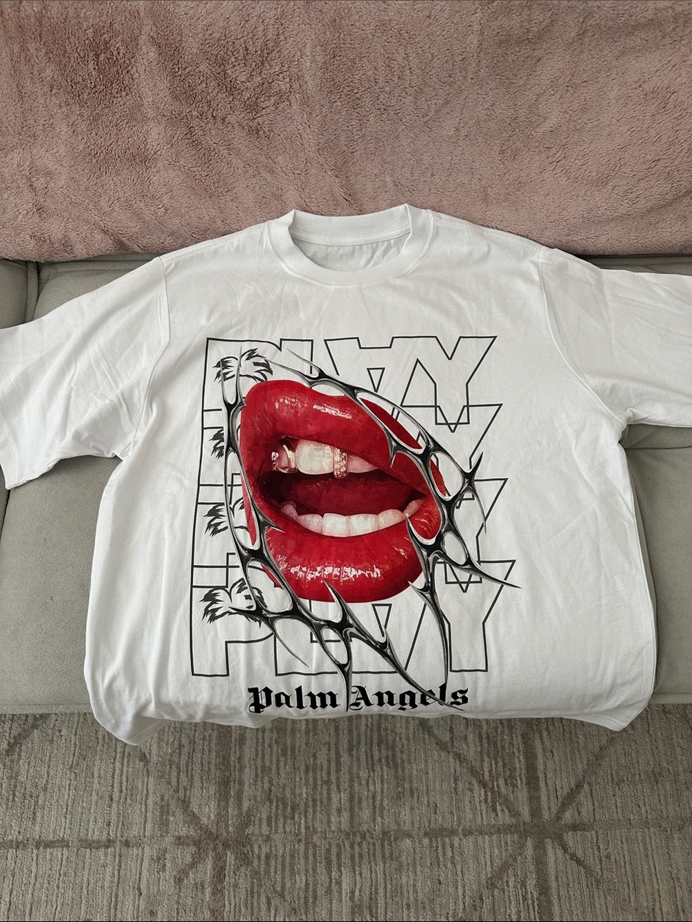 Palm Angels White Tee with Red Lip Graphic